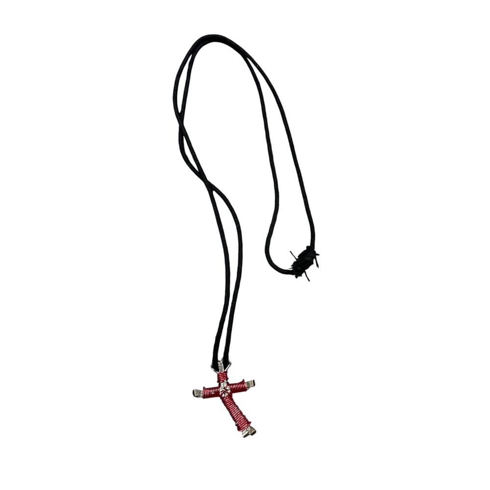 Handmade Horseshoe Nail Cross Necklace Red Wire Wrapped Western Pendant Cord